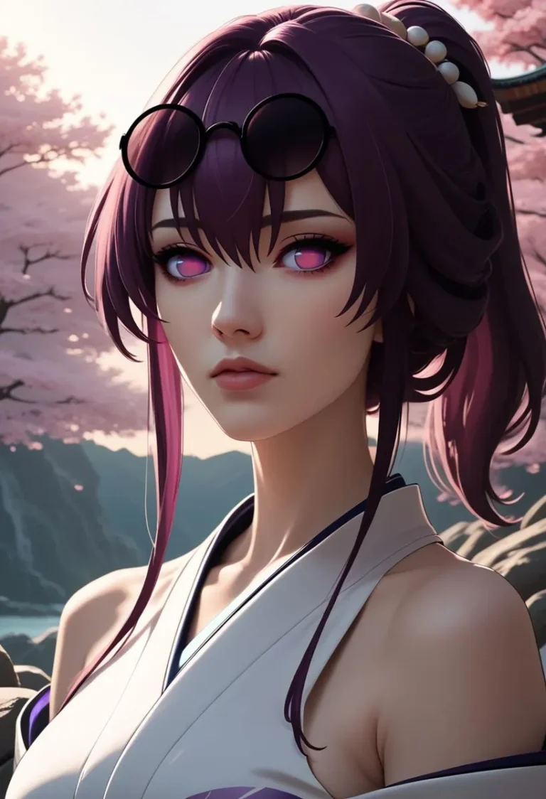 AI generated anime girl with pink eyes, purple hair, wearing black round glasses and a sleeveless white dress, with cherry blossoms in the background, created using Stable Diffusion.
