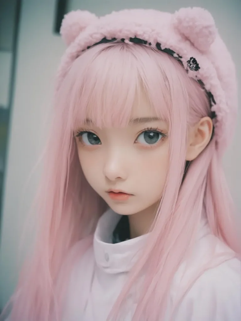 An AI generated image using Stable Diffusion depicts an anime-style girl with pink hair, wearing a fluffy pink hat with bear ears and a white outfit.