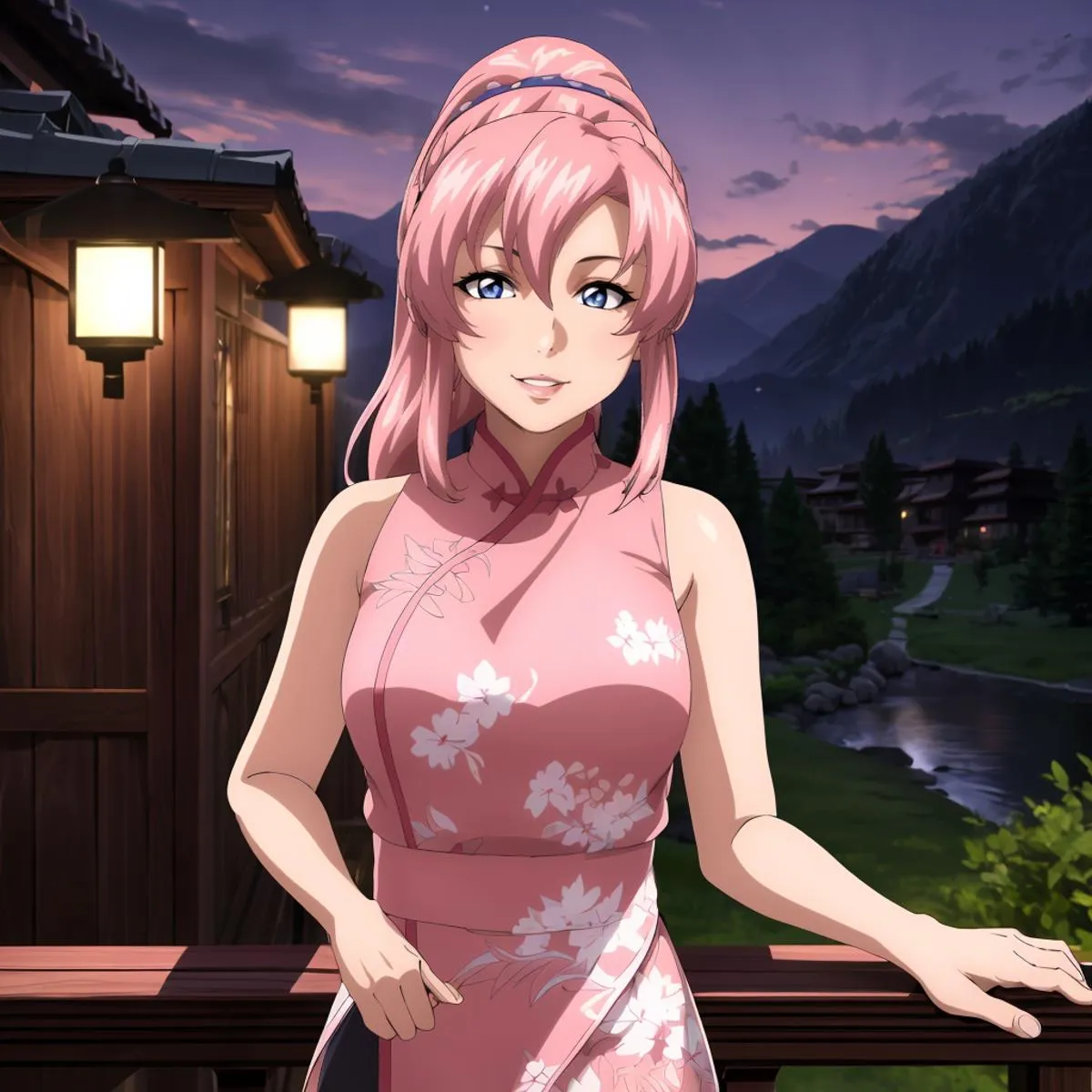 Anime girl with pink hair in traditional Chinese dress, set against a sunset mountain backdrop. AI generated image using stable diffusion.