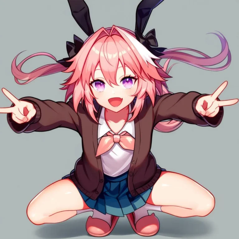 Cute anime girl with pink hair, purple eyes, and bunny ears making peace signs. This is an AI-generated image using Stable Diffusion.