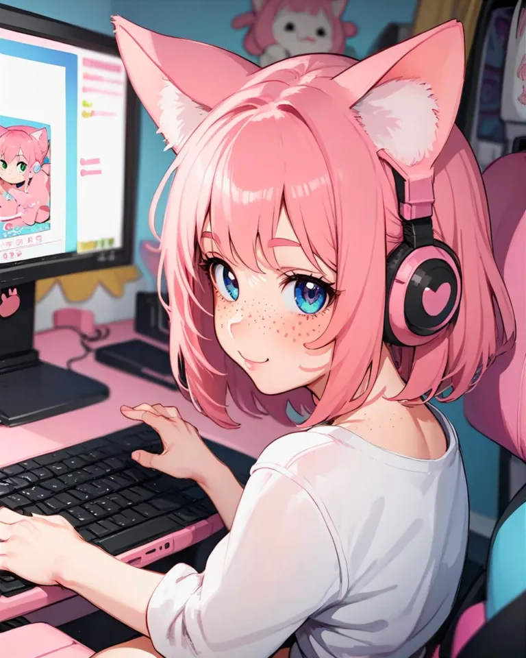 An AI generated image using Stable Diffusion of an anime girl with pink hair, blue eyes, and cat ears, wearing headphones and using a computer in a pink-themed gaming setup.