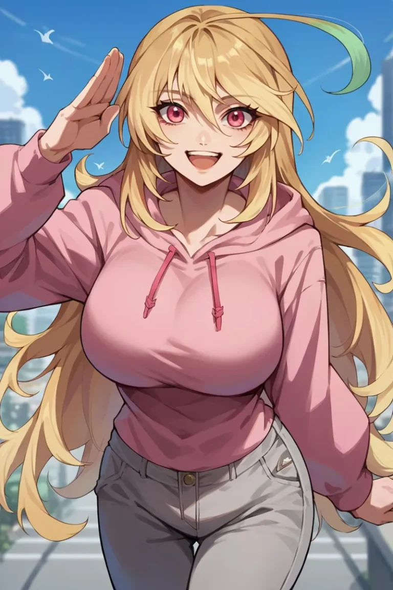 A blonde anime girl with pink eyes, wearing a pink hoodie and beige pants. AI generated using Stable Diffusion.