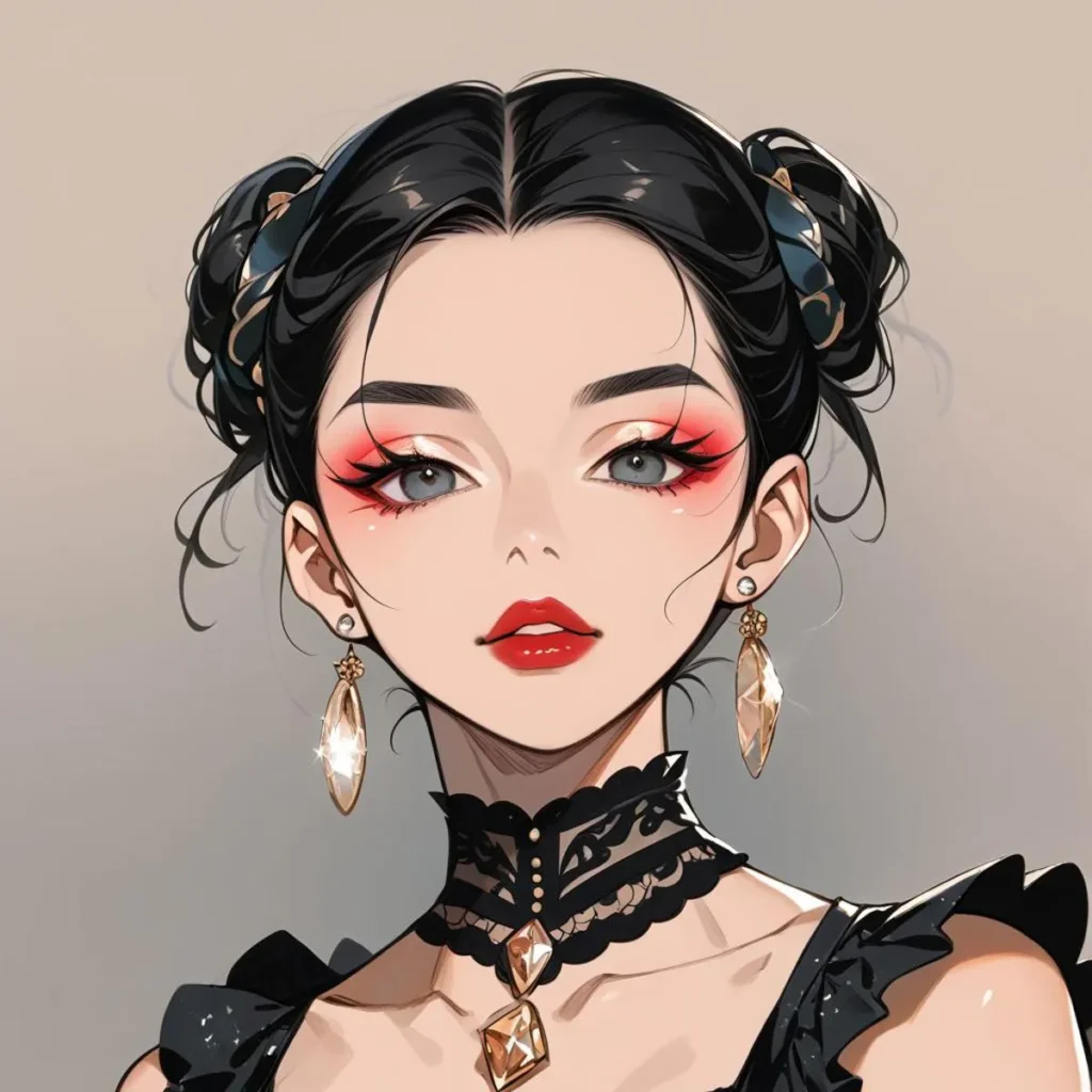 AI generated Gothic anime girl portrait using stable diffusion, featuring a stylish young woman with intense red eye makeup, elaborate black hair bun, and elegant jewelry.
