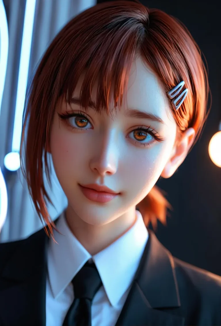Detailed close-up portrait of an anime girl with short brown hair, wearing a suit, created using AI and Stable Diffusion.