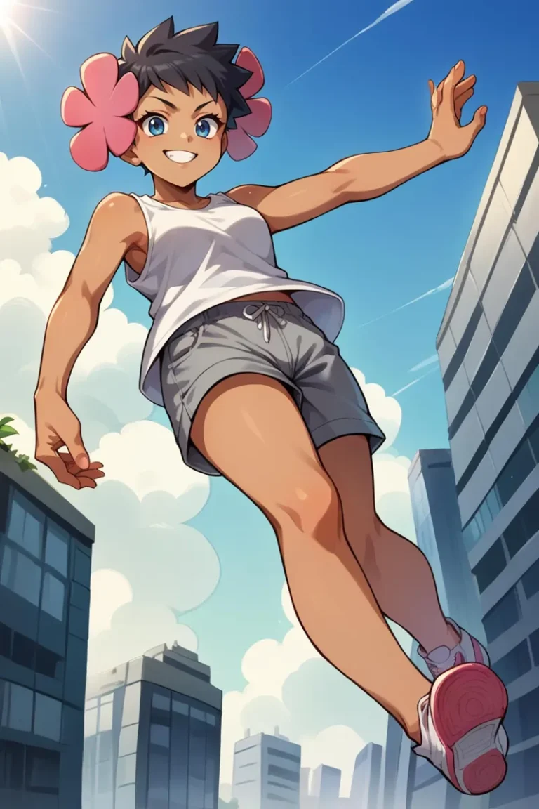 Anime girl with pink flower hair accessories in dynamic pose with urban background and bright blue sky, generated using Stable Diffusion.