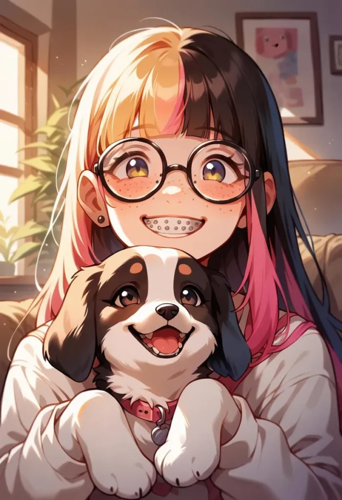 Ai-generated image of an anime girl with blond and black hair, wearing glasses and braces, holding a happy puppy. Created using stable diffusion.