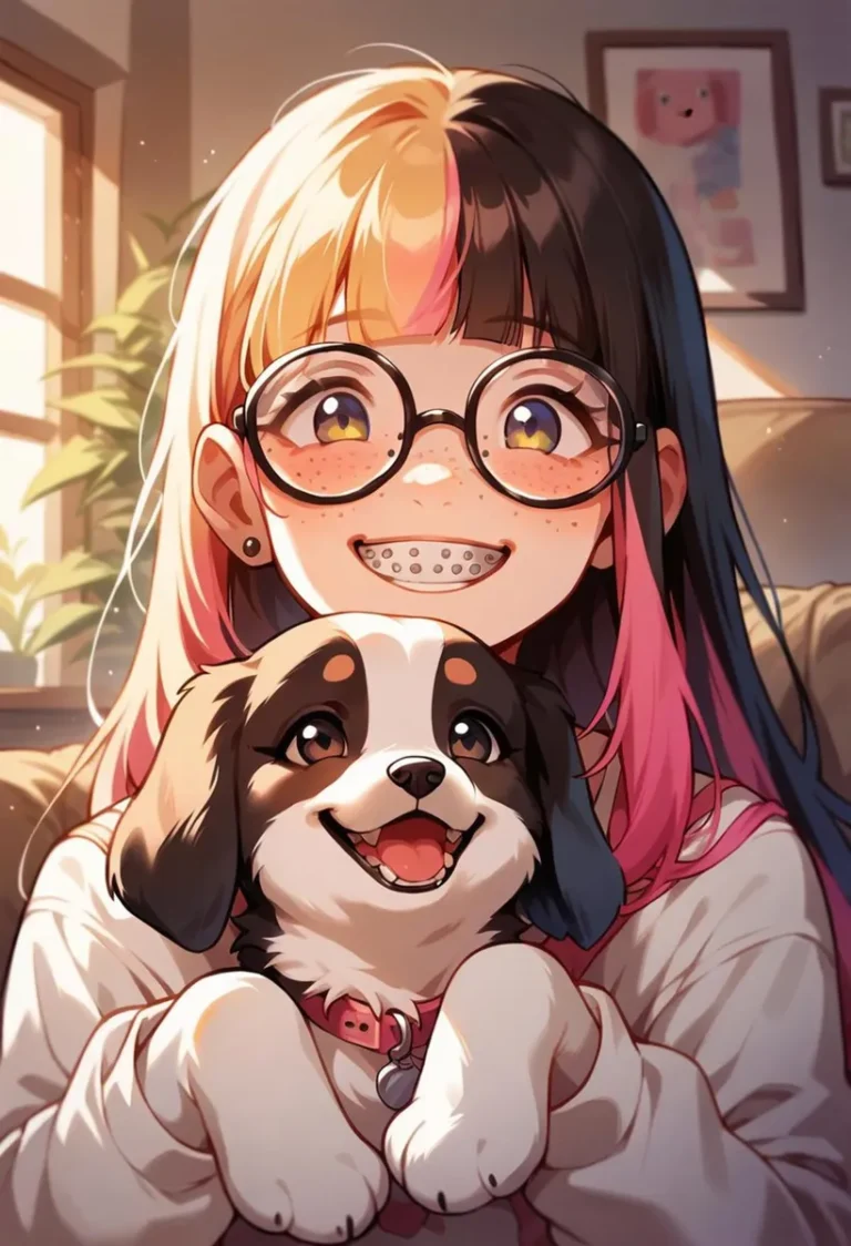 AI-generated image of an anime girl with blond and black hair, wearing glasses and braces, holding a happy puppy. Created using Stable Diffusion.