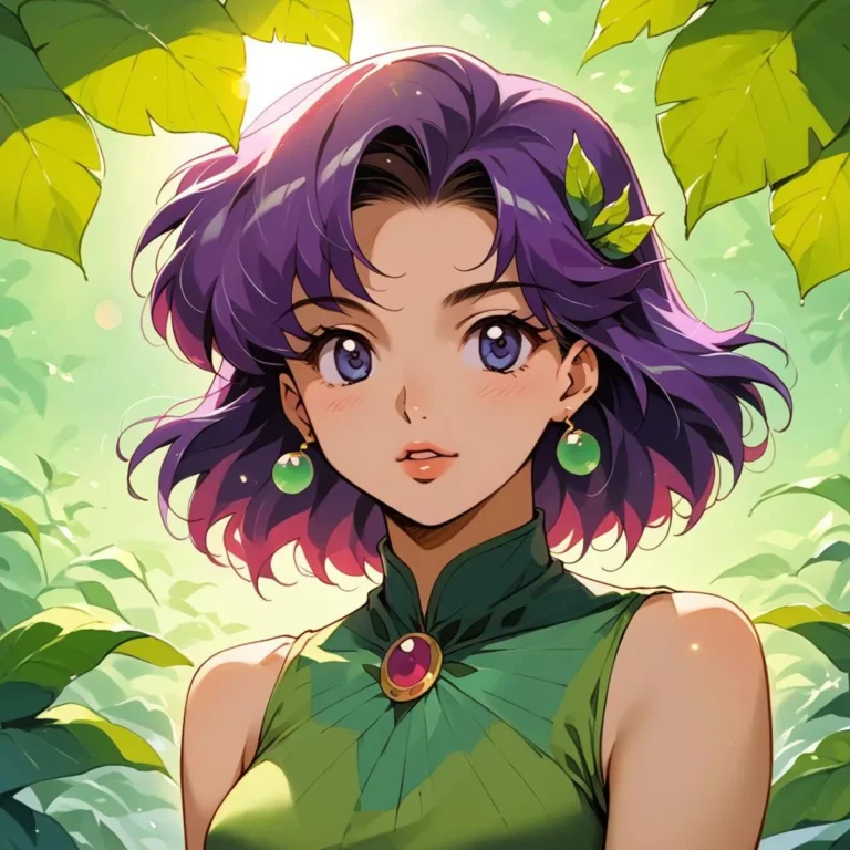 Anime-style girl with purple hair and forest background, AI generated using stable diffusion.