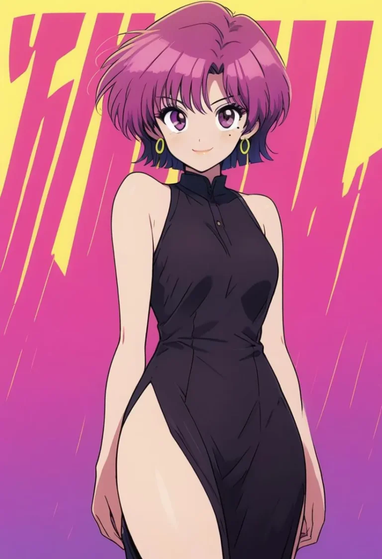 Anime-style depiction of a girl with purple hair and yellow earrings wearing a black dress, generated using stable diffusion.