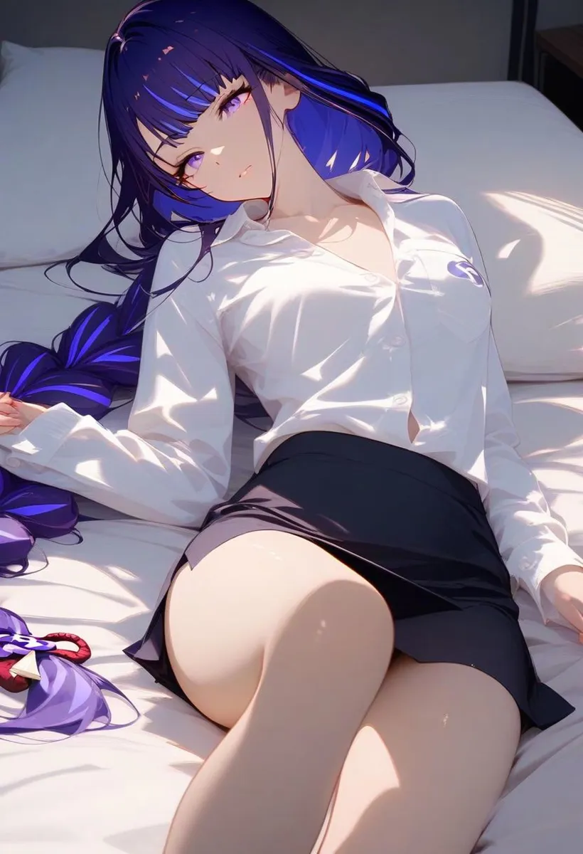 Anime girl with long purple hair lying on a bed in seductive pose, AI generated image using Stable Diffusion.