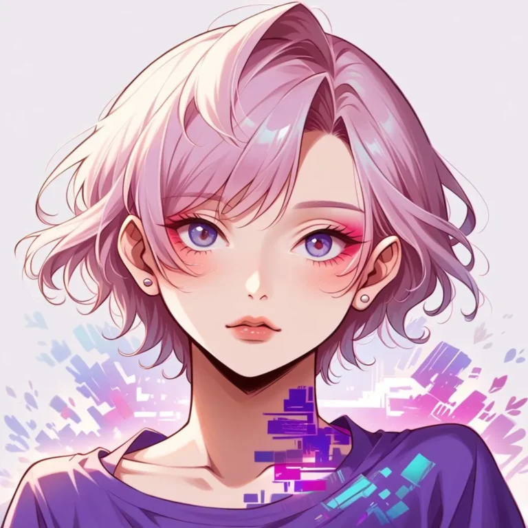 A digital art image of an anime girl with purple hair, violet eyes, and a purple shirt, generated using Stable Diffusion AI.