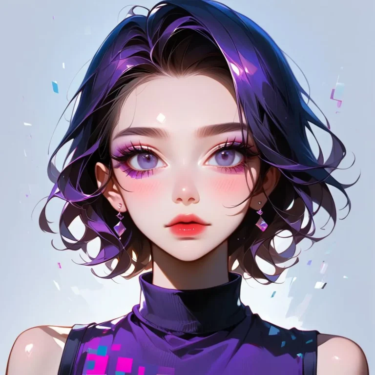AI generated image using Stable Diffusion of anime girl with short purple hair, big purple eyes, and wearing a dark outfit