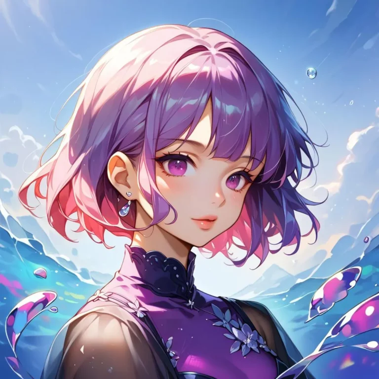 A digital art of an anime girl with vibrant purple hair and pink highlights, created using AI and Stable Diffusion.
