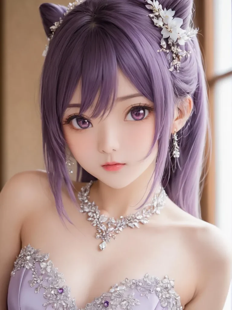 A beautiful anime girl with purple hair adorned with flowers and jewelry, wearing an ornate dress. AI generated image using Stable Diffusion.
