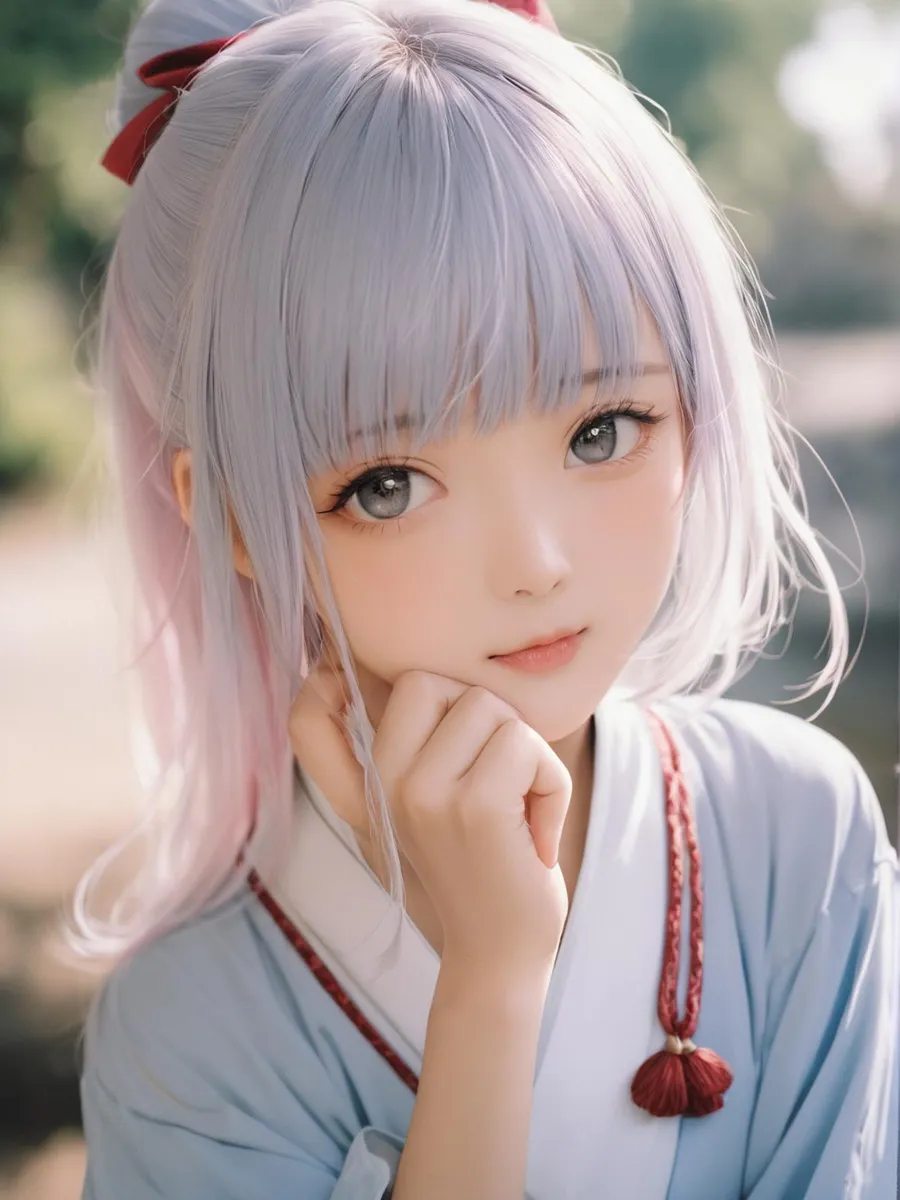 Anime girl with purple hair and large eyes, wearing traditional clothes. AI generated image using stable diffusion.