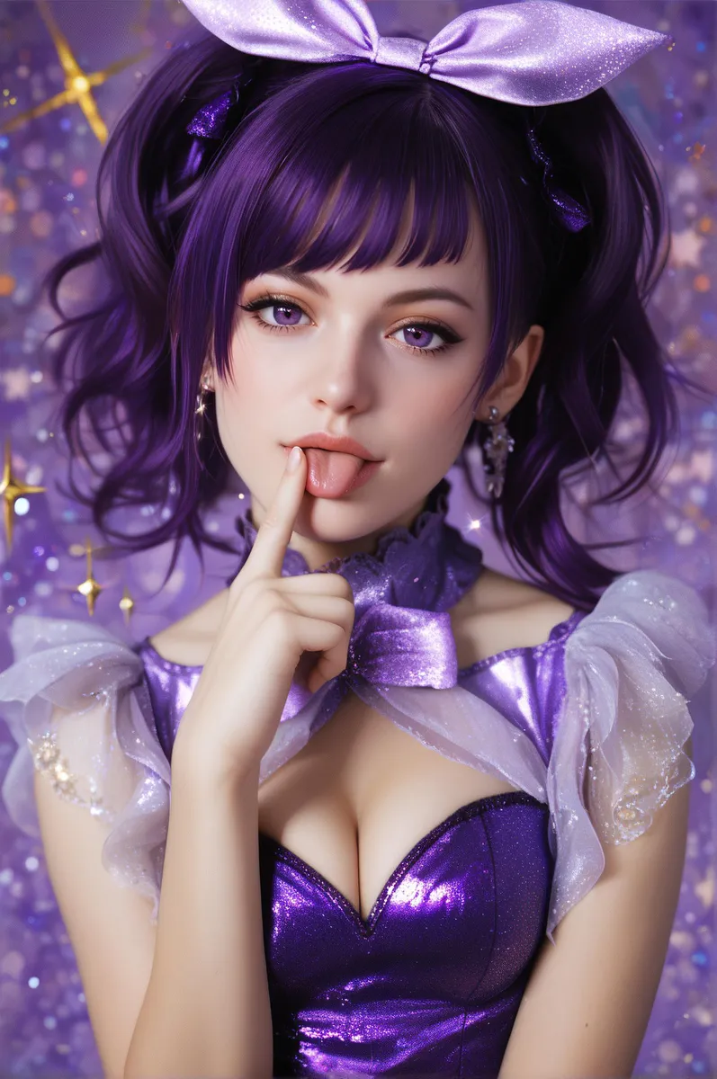 AI generated image using stable diffusion of an anime girl with purple hair and eyes, wearing a purple cosplay outfit with a shiny bow.