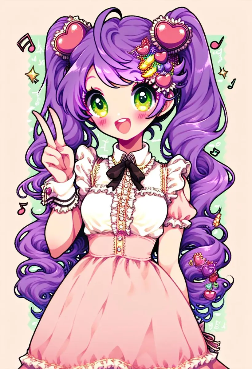 Anime girl with large, expressive green eyes, purple hair and accessories, frilly pink dress, showing peace sign. AI generated image using Stable Diffusion.