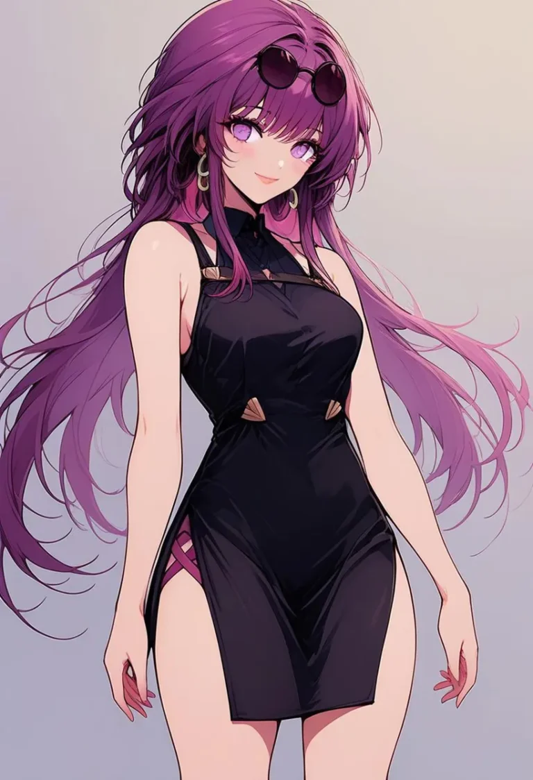 Anime girl with long purple hair and bangs, wearing sunglasses on her head, hoop earrings, and a stylish black dress with gold accents, AI generated image using Stable Diffusion.