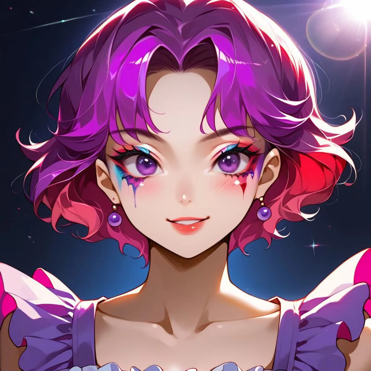 A digitally created anime girl with vibrant purple hair and colorful makeup using Stable Diffusion AI tool.
