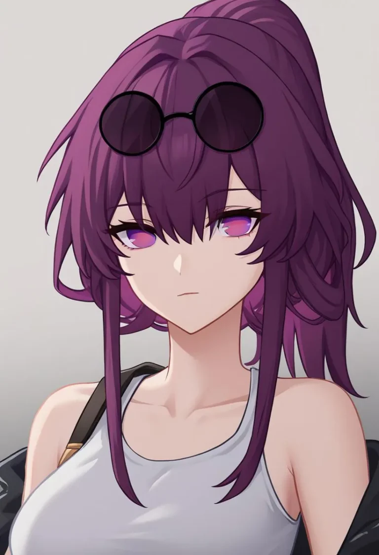Anime girl with purple hair wearing round glasses and a white tank top, generated using Stable Diffusion.
