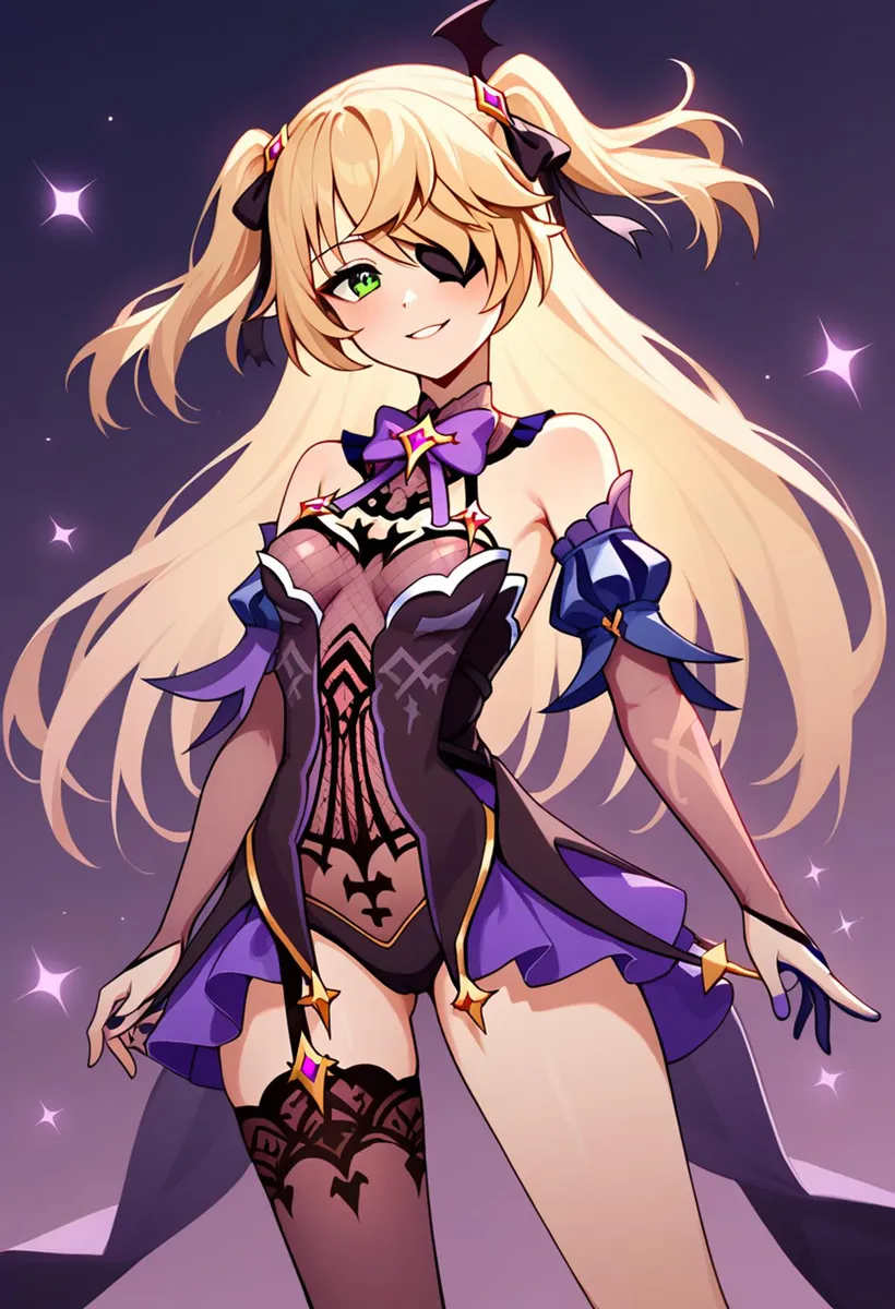 A stylized anime girl with long blonde hair, green eyes, and wearing a purple and black outfit with an eyepatch, generated by Stable Diffusion AI.