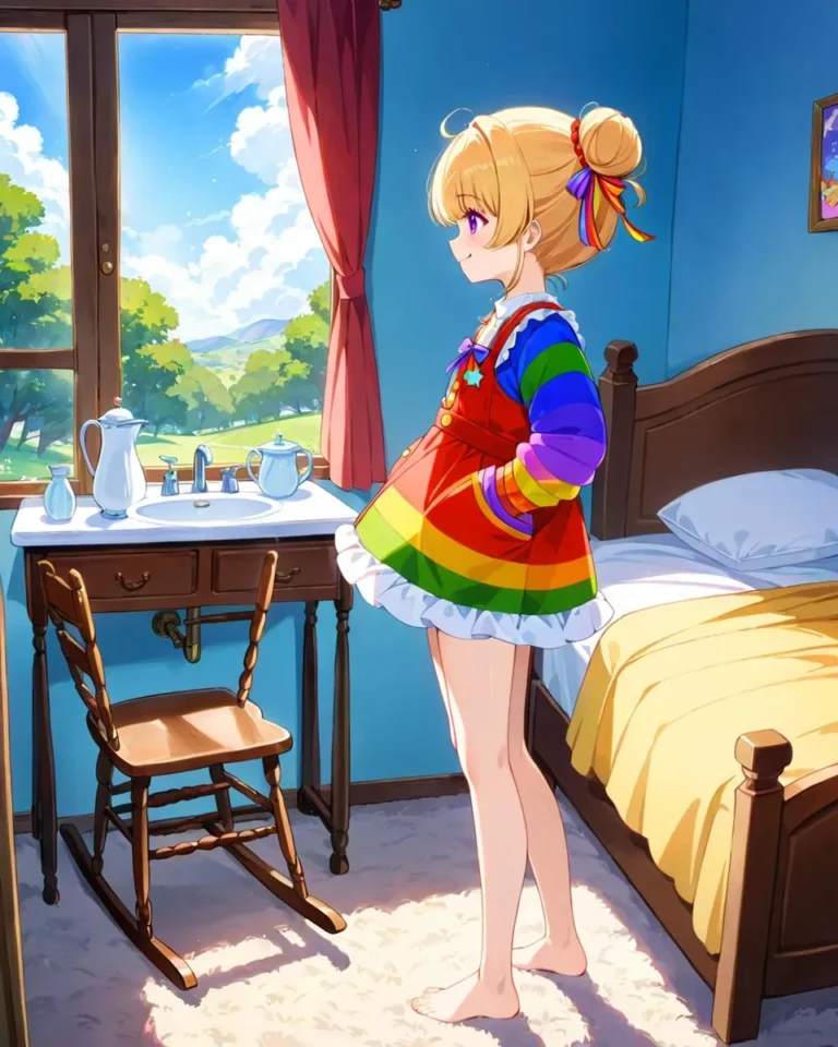 Anime girl with blonde hair in a bun, wearing a colorful rainbow dress, standing barefoot near a window in a cozy, sunlit room. AI generated image using Stable Diffusion.