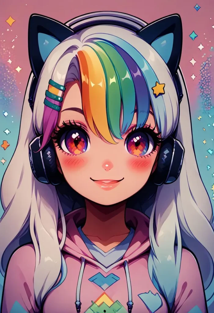 A digital illustration of an anime girl with rainbow-colored hair, cat ear headphones, and sparkling eyes created using stable diffusion.