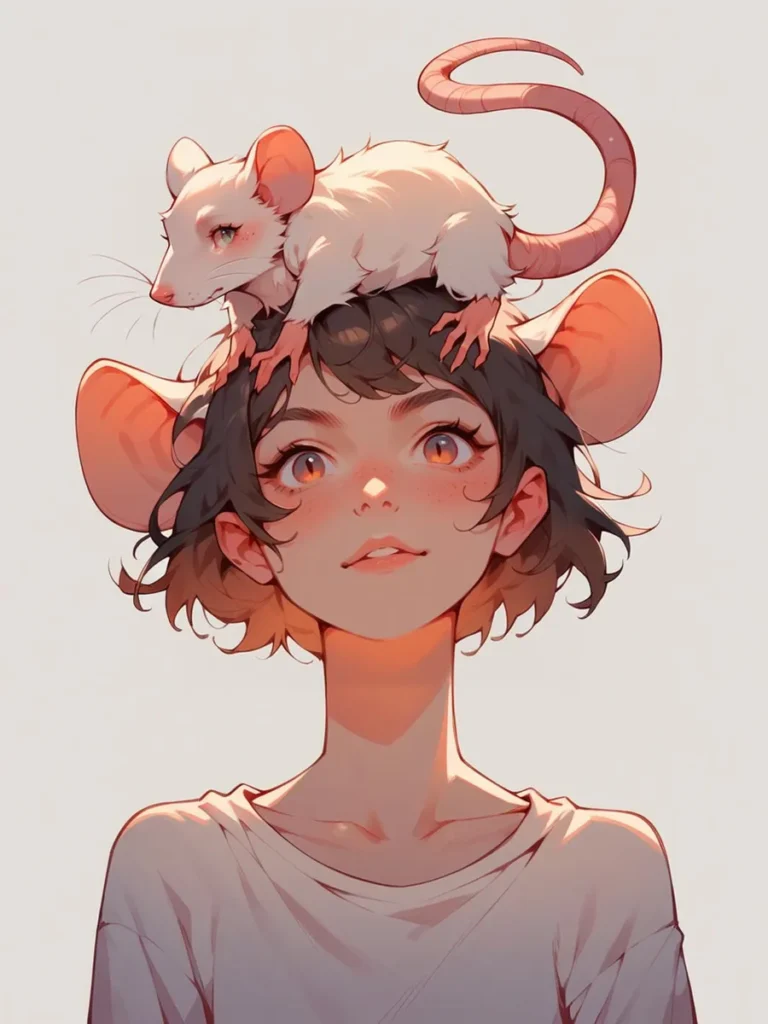 Anime-style girl with large rat ears and a rat sitting on her head, created with Stable Diffusion.