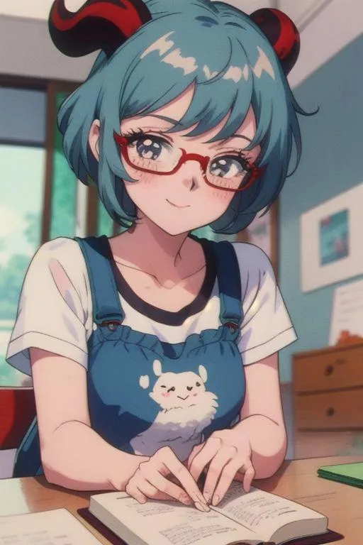 A cute AI generated anime girl with short blue hair and red glasses, dressed in a blue jumper with a white animal character, reading a book. Generated using Stable Diffusion.