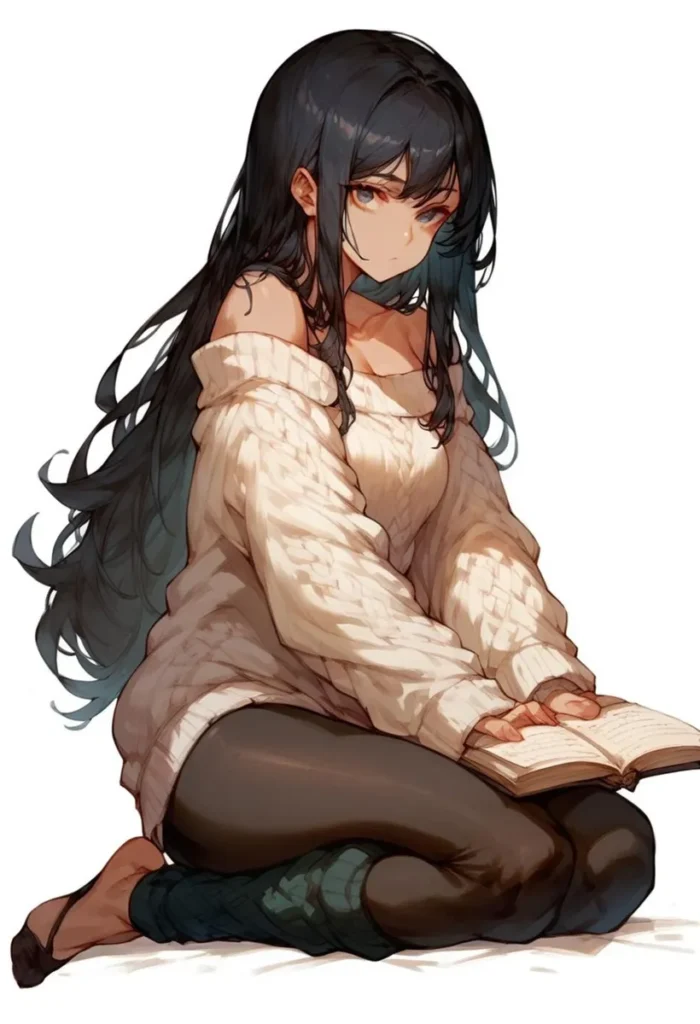 Anime girl with long dark hair and a cozy sweater, sitting on the floor reading a book; this is an AI generated image using Stable Diffusion.