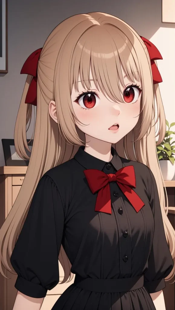 Anime girl with long blonde hair, large red eyes, and a black dress with a red bow, AI generated using stable diffusion.