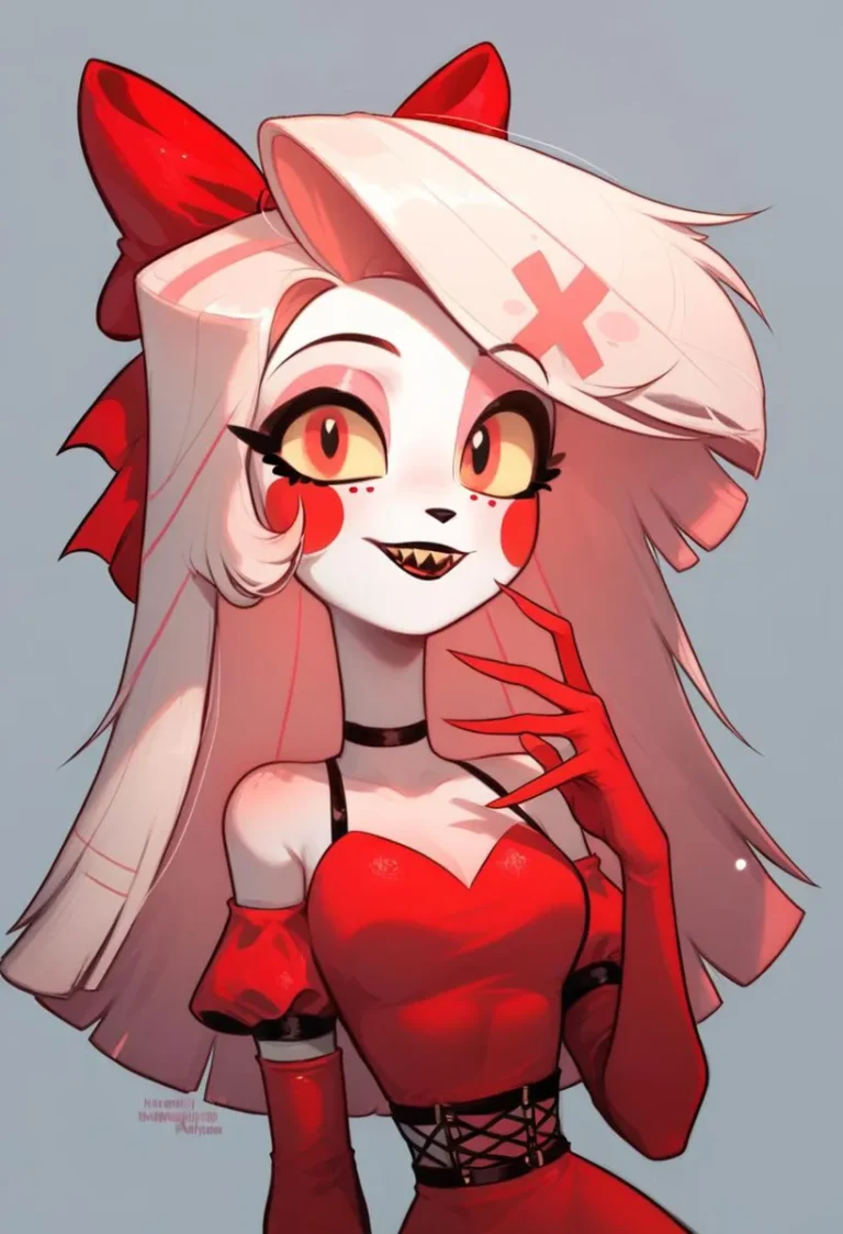 Anime-style character with long white hair, red dress, and red bows, showcasing sharp teeth and yellow eyes, created using Stable Diffusion AI.