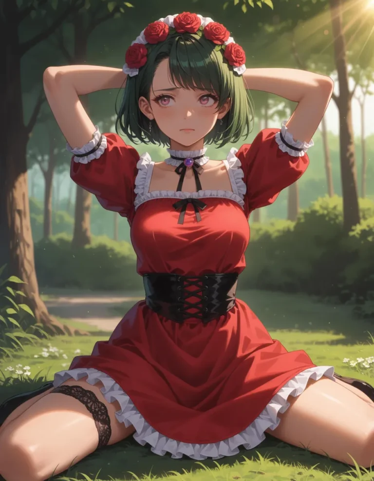 Anime girl with green hair, wearing a red dress, flower crown, and black corset, sitting in a sunlit forest meadow. AI generated image using Stable Diffusion.