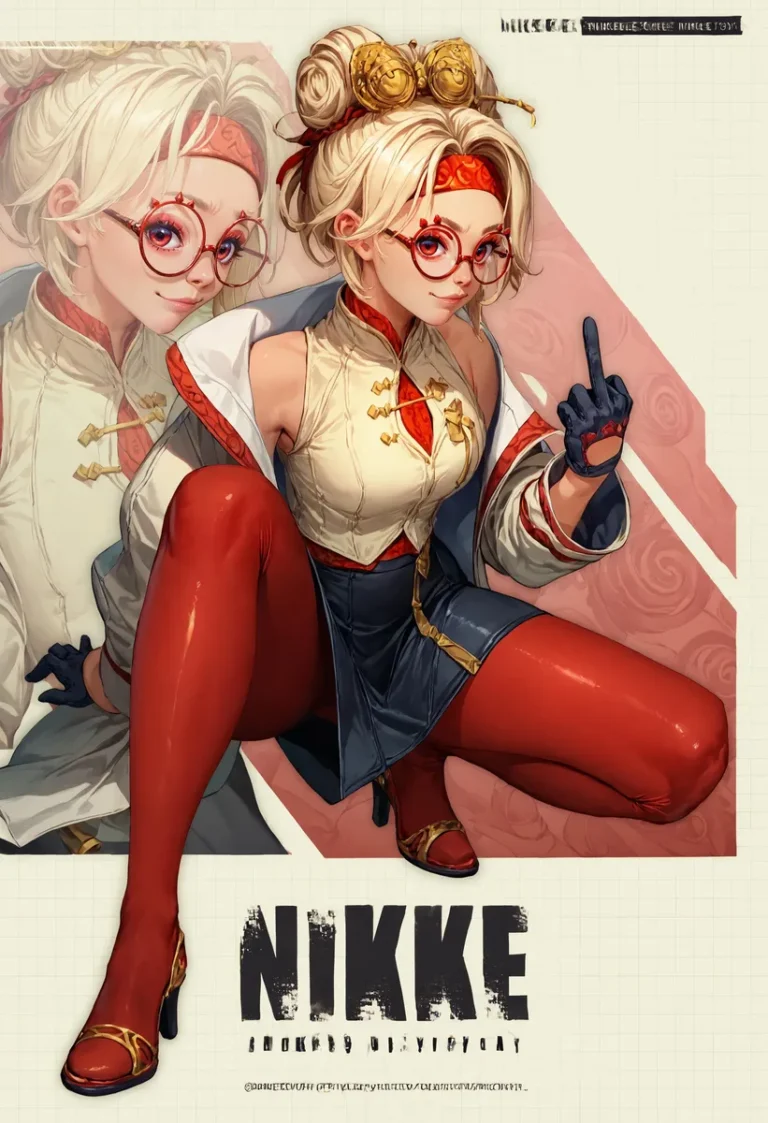 Stylish anime girl with red glasses, wearing traditional Chinese attire and posing confidently. This is an AI generated image using Stable Diffusion.