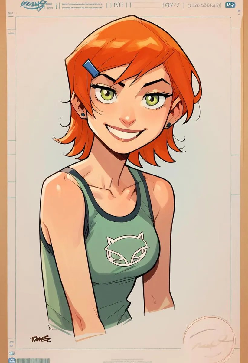 Anime-style drawing of a smiling girl with red hair and green eyes, wearing a green tank top with a cat logo, AI generated using Stable Diffusion.