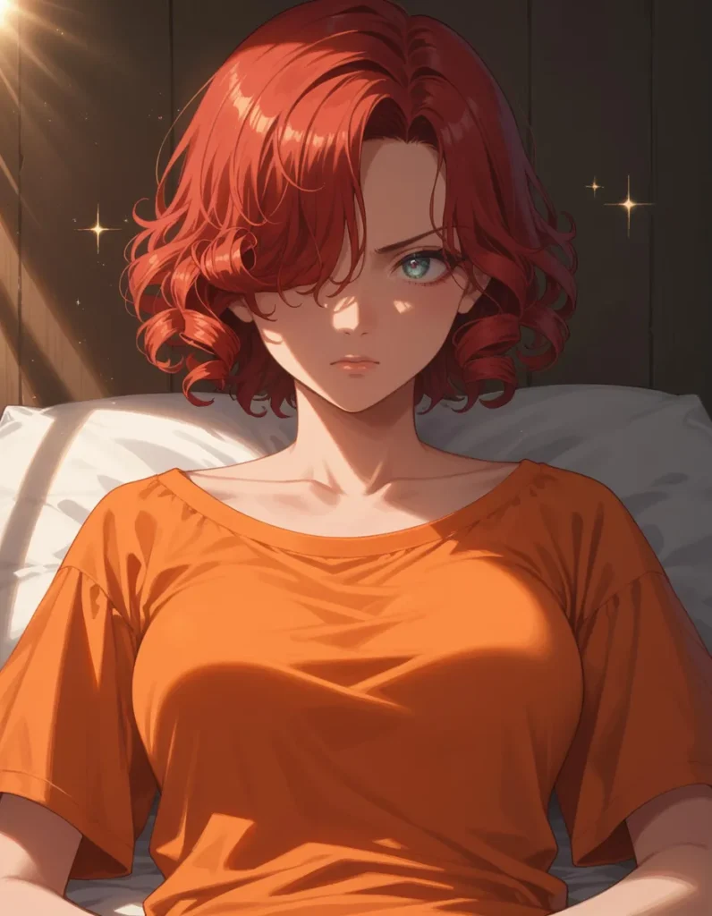 Anime girl with red hair, wearing an orange shirt, sitting, with light sparkles, AI generated using stable diffusion.