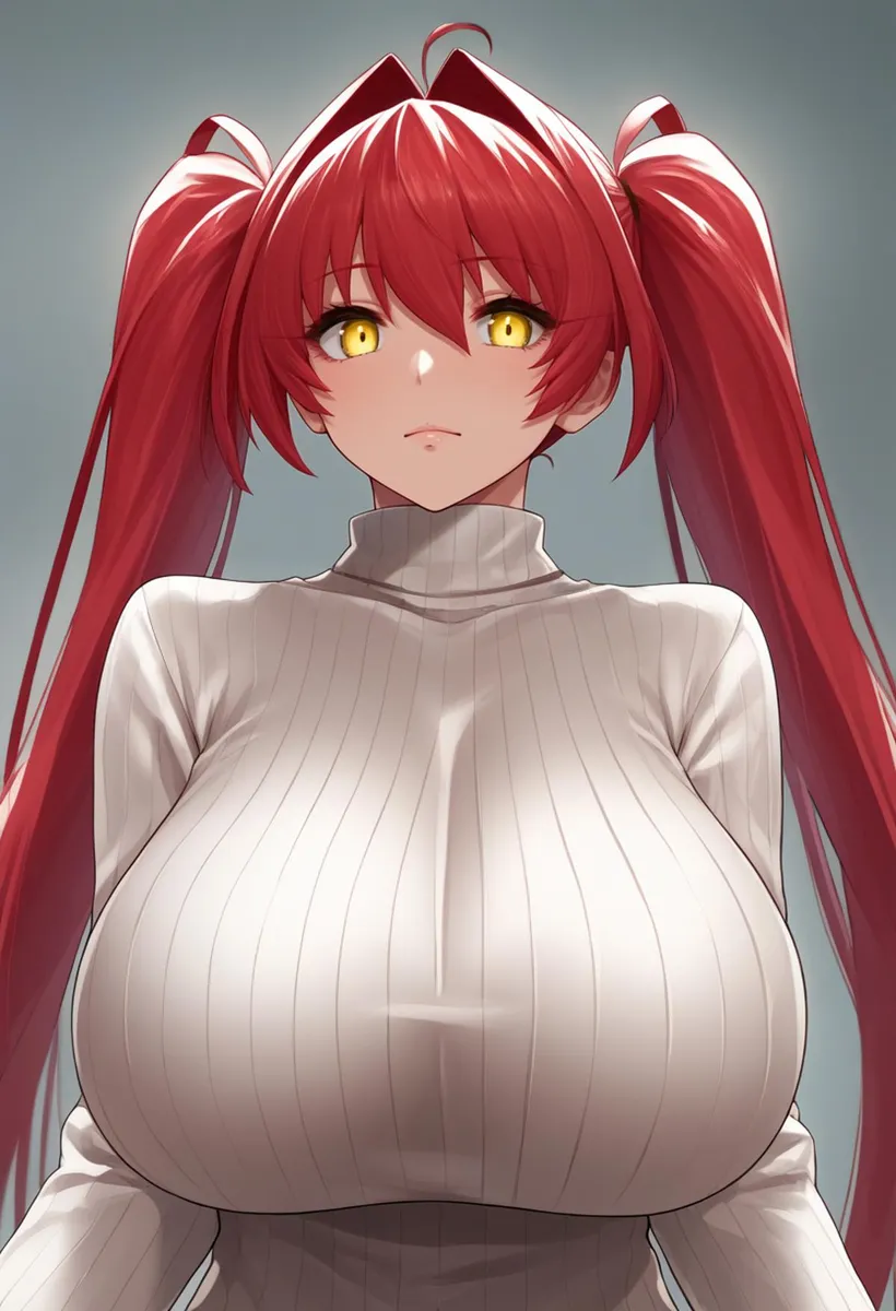 AI generated image using stable diffusion of an anime girl with long red hair in twin-tails, yellow eyes, and a white turtleneck sweater.