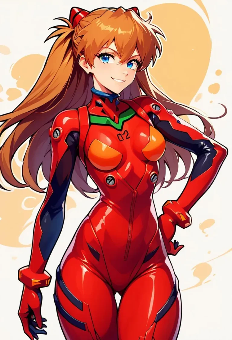 Anime girl in a red plugsuit with long hair and blue eyes, generated by AI using Stable Diffusion.