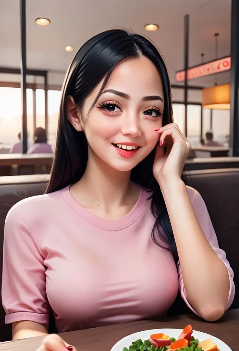 Anime-style girl with long black hair, wearing a pink shirt, sitting in a restaurant. The image is AI generated using stable diffusion.