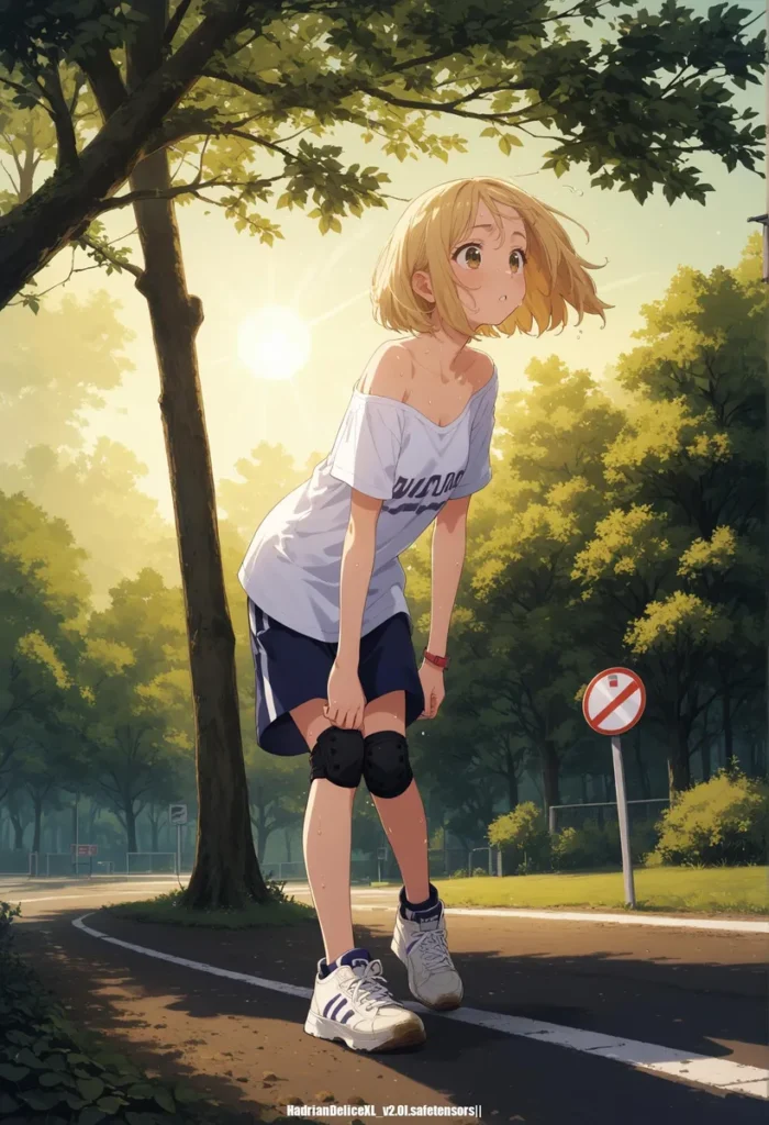 Anime-style illustration of a blonde girl rollerblading in a park, wearing a white shirt and shorts, with knee pads and sneakers. AI-generated image using Stable Diffusion.