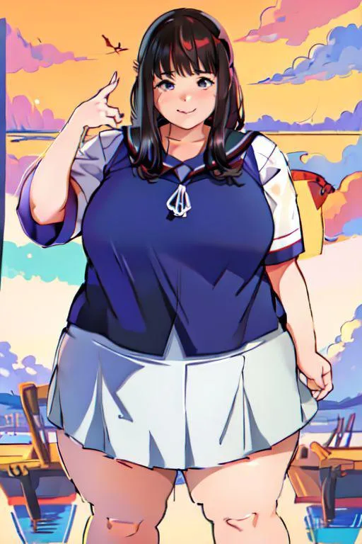 Cute anime girl in a sailor uniform with a scenic sunset beach backdrop. AI generated image using stable diffusion.