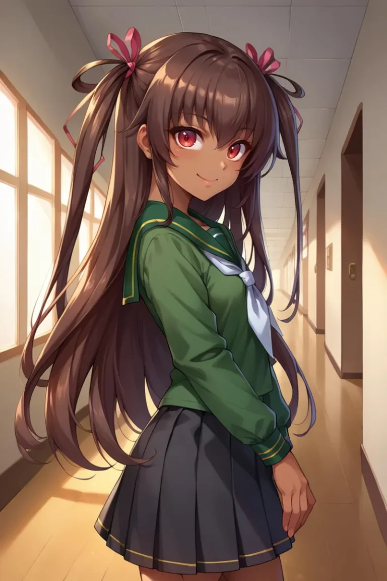 AI-generated anime girl with long brown hair tied in twin tails wearing a green school uniform and a white scarf, standing in a well-lit hallway. Created using Stable Diffusion.