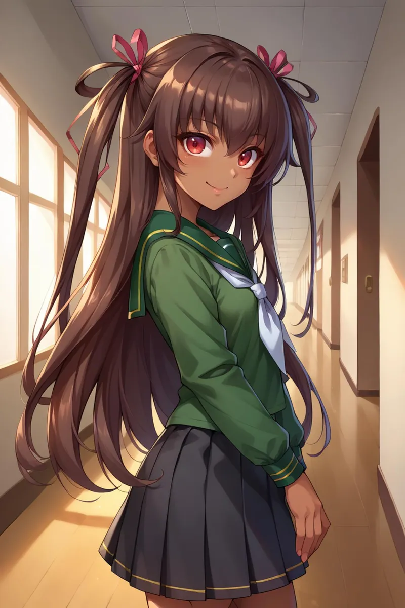 AI-generated anime girl with long brown hair tied in twin tails wearing a green school uniform and a white scarf, standing in a well-lit hallway. Created using Stable Diffusion.