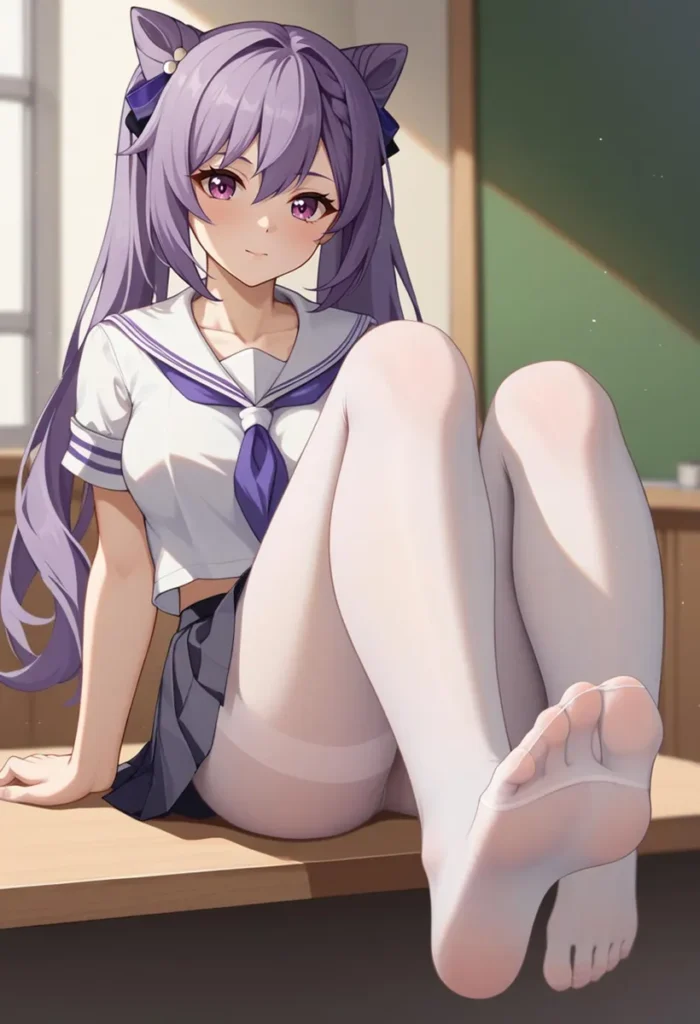 An anime girl with purple hair in a school uniform created using stable diffusion.