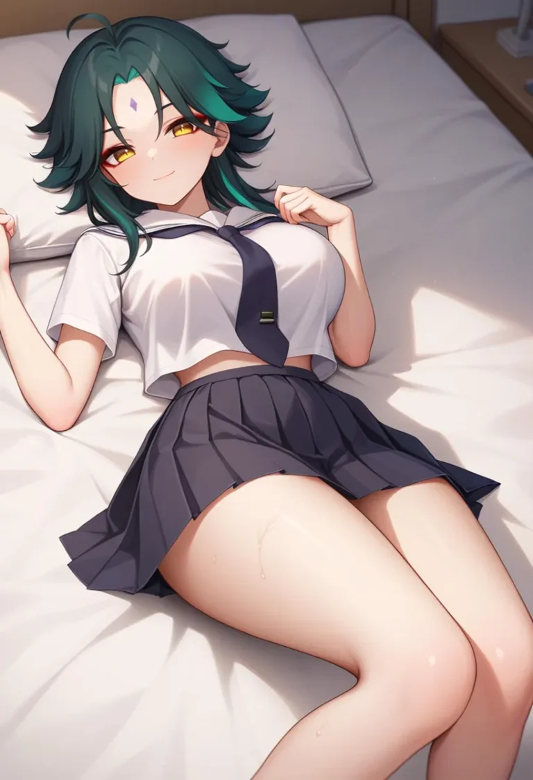 AI generated image using Stable Diffusion of an anime girl with green hair, lying on a bed in a school uniform.