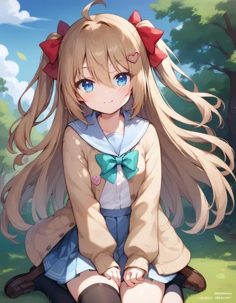 Adorable anime girl with long blonde hair, blue eyes, red bows, wearing a school uniform sitting outdoors. AI generated image using Stable Diffusion.