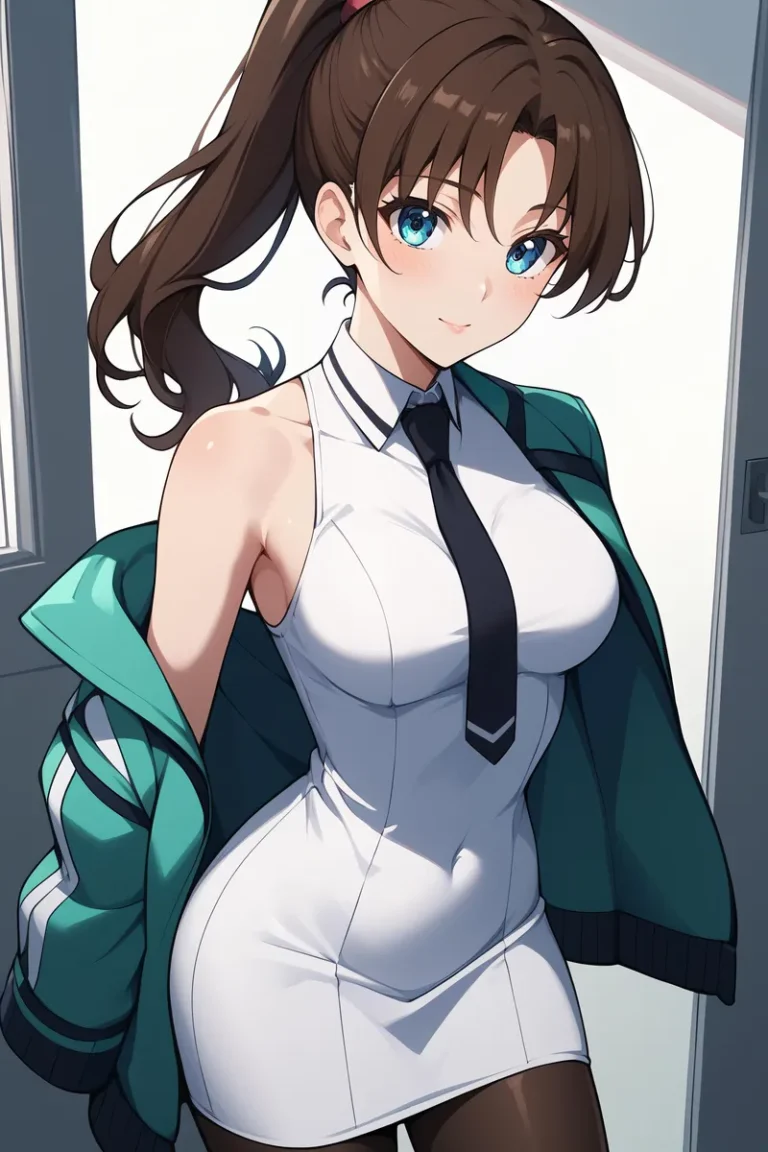 Anime girl with brown hair in ponytail, blue eyes, white dress and tie, wearing green jacket, AI generated image using Stable Diffusion.