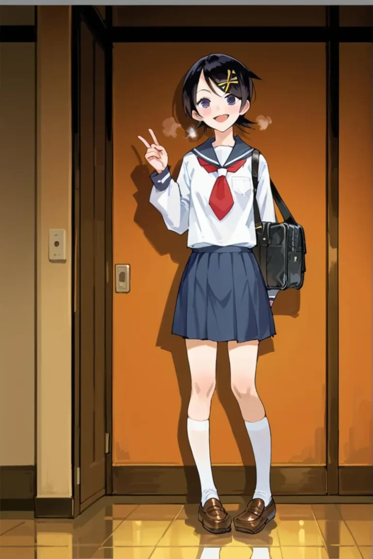 An AI generated image using Stable Diffusion of an anime girl in a school uniform, making a peace sign.