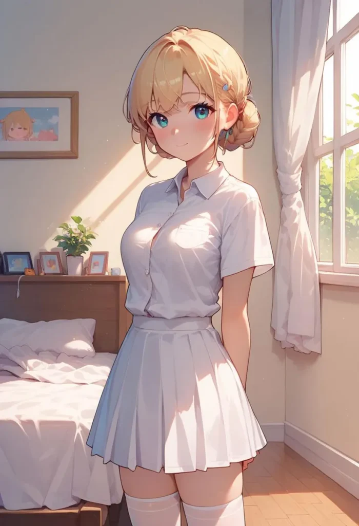 Anime girl with blonde hair and blue eyes standing in a room, wearing a white schoolgirl uniform. She is lit by sunlight coming through a window, with a bed and pictures in the background. This is an AI generated image using stable diffusion.