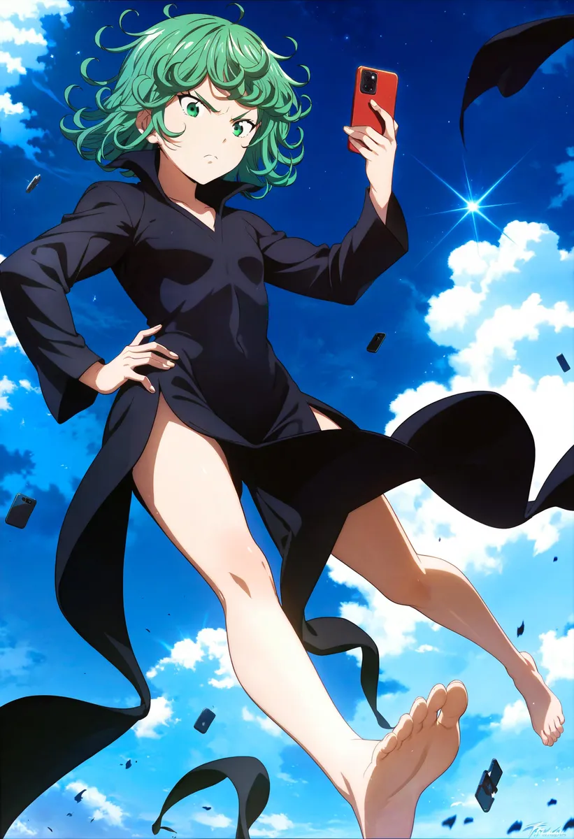 AI generated image using stable diffusion of a green-haired anime girl in a black dress taking a selfie with a red phone. She is floating in the sky with a dynamic pose, surrounded by floating phones.